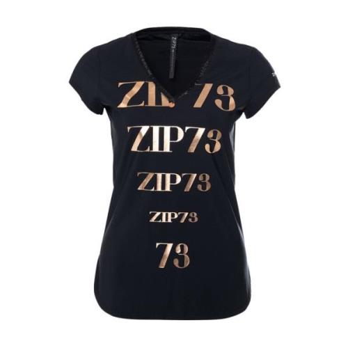 Korte Mouw V-Hals Top Zwart/Roze Print Zip73 , Black , Dames