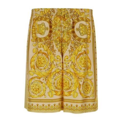 Gele Barocco Print Zijden Shorts Versace , Yellow , Heren