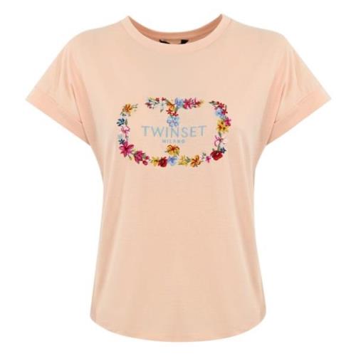 Dames T-shirt met Logo Borduursel Twinset , Pink , Dames