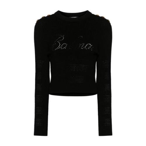 Zwarte Sweaters met Signature Trompe-lœil Logo Balmain , Black , Dames