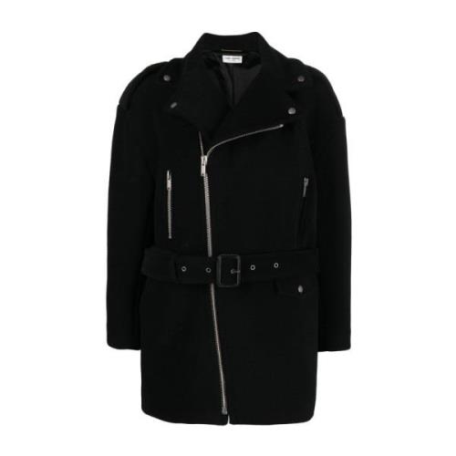Zwarte wollen jas met rits en afneembare riem Saint Laurent , Black , ...