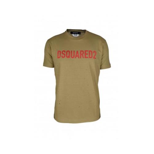 Beige Katoenen T-Shirt met Rood Logo Dsquared2 , Beige , Heren