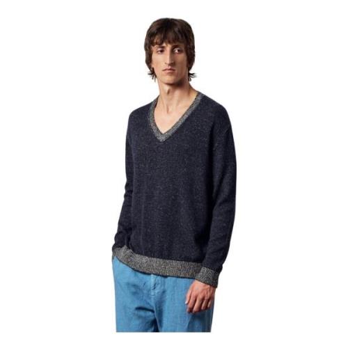 Oversized Linen/Cashmere V-Hals Trui Massimo Alba , Blue , Heren