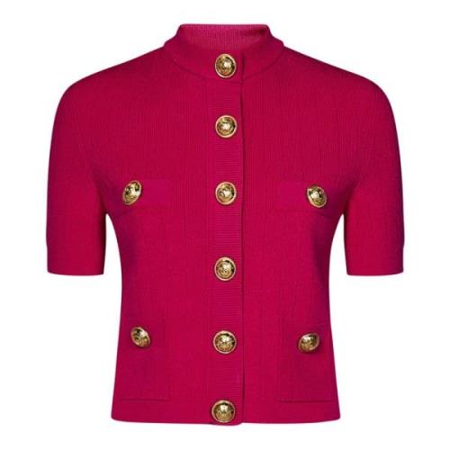 Rode Ribgebreide Cardigan met Gouden Knopen Balmain , Red , Dames