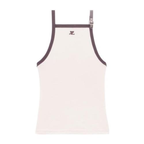 Beige Katoenen Tanktop met Contrasterend Logo en Schouderband Detail C...