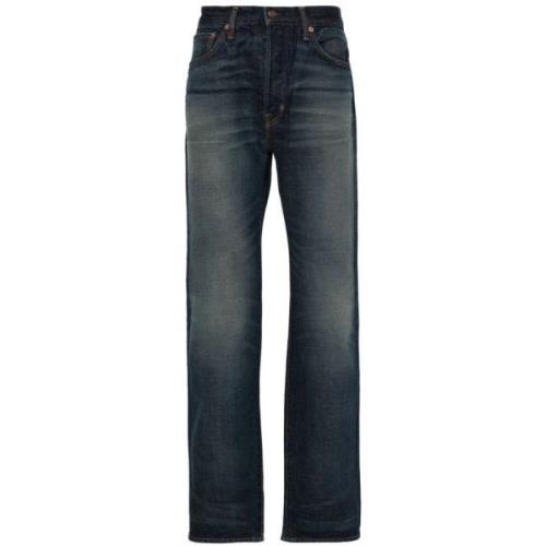 Straight Jeans Upgrade Katoen Zakken Leer Tom Ford , Blue , Heren