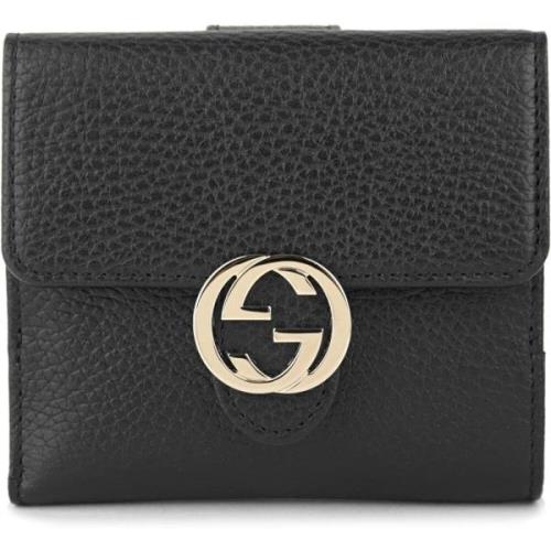 Zwarte leren bifold portemonnee met Gucci logo Gucci , Black , Dames