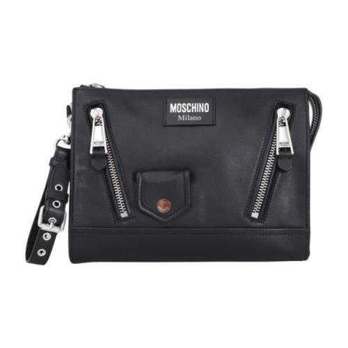 Zwarte leren tas met zilveren metalen ritsen Moschino , Black , Dames