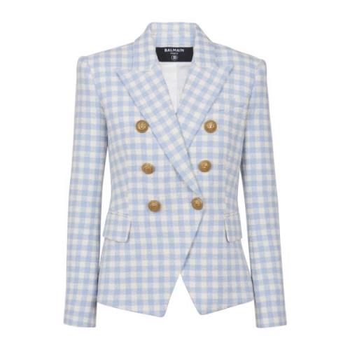 Gingham tweed jasje met 6 knopen Balmain , Blue , Dames