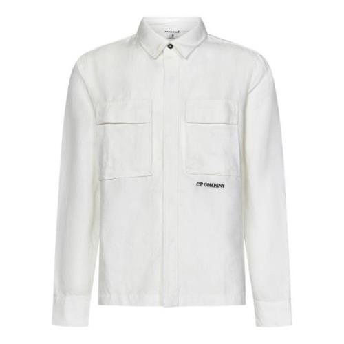 Witte Linnen Overhemd met Logo Borduursel C.p. Company , White , Heren