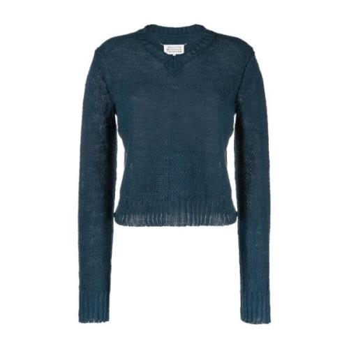 Blauwe Cropped V-Neck Trui Maison Margiela , Blue , Dames