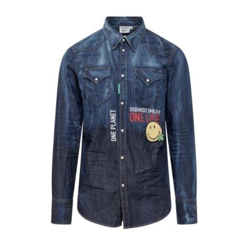 Smiley Denim Overhemd voor Heren Dsquared2 , Blue , Heren