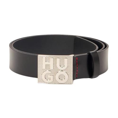 Italiaanse Leren Riem met Logo Gesp Hugo Boss , Black , Heren