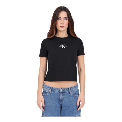 Zwart T-shirt met Logo Print Calvin Klein Jeans , Black , Dames