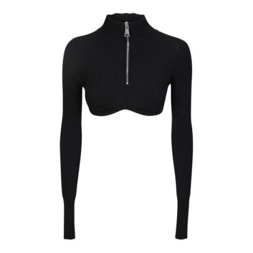 Zwarte Geribbelde Half-Zip Top Andrea Adamo , Black , Dames