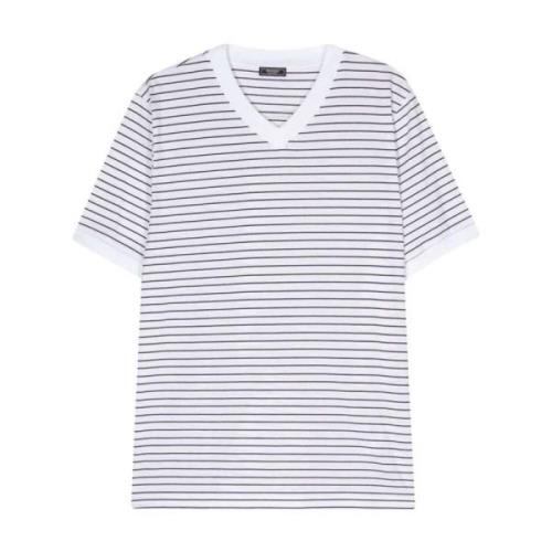 Italiaans Gestreept V-Hals T-Shirt Peserico , White , Heren