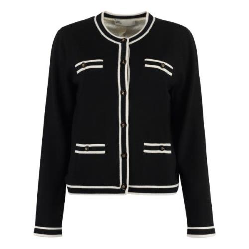 Contrasterende Trim Merino Wol Cardigan Tory Burch , Black , Dames