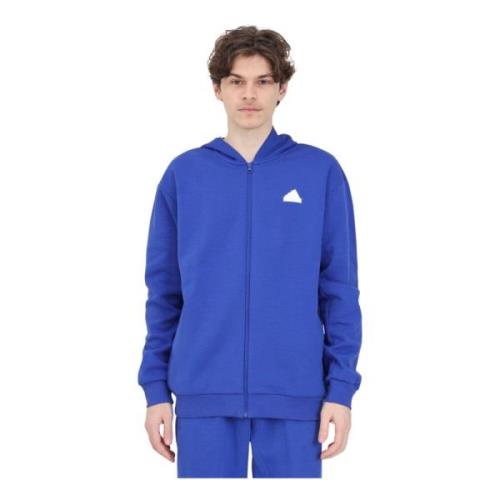 Blauwe Hoodie met Ritssluiting en Logo Patches Adidas , Blue , Heren