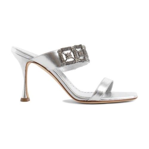 Zilveren Enkelband Sandalen met Kristalversiering Manolo Blahnik , Gra...