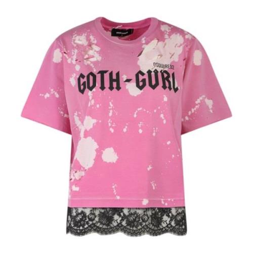 Roze Katoenen T-Shirt met Frontprint en Veters Dsquared2 , Pink , Dame...