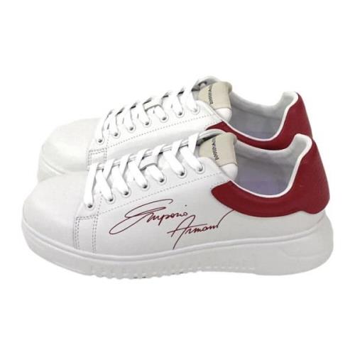 Witte leren herensneakers met rood logo Emporio Armani , Multicolor , ...
