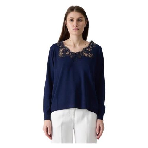 Marineblauwe Kant V-Hals Top Ermanno Scervino , Blue , Dames