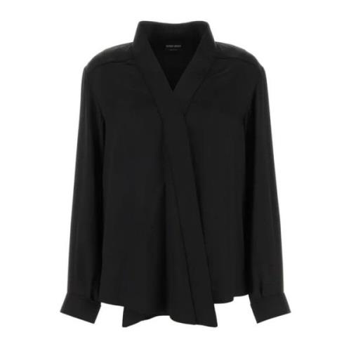 Zijden Sjaalkraag Zwarte Shirt Giorgio Armani , Black , Dames