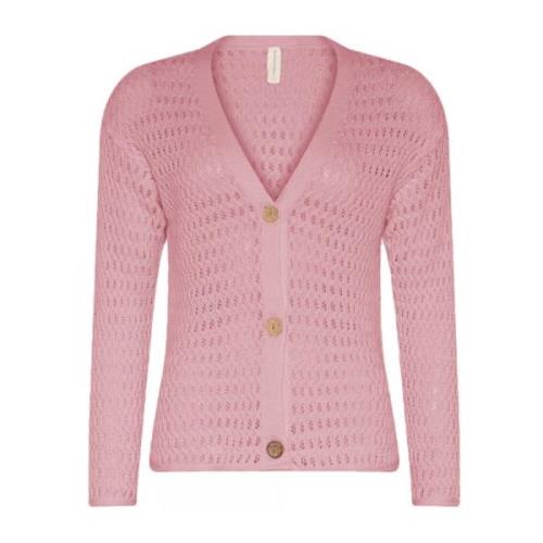 Gestructureerde V-hals Cardigan in Geranium Skovhuus , Pink , Dames