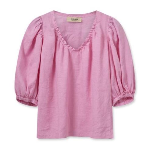 Vrouwelijke linnen blouse met pofmouwen MOS Mosh , Pink , Dames