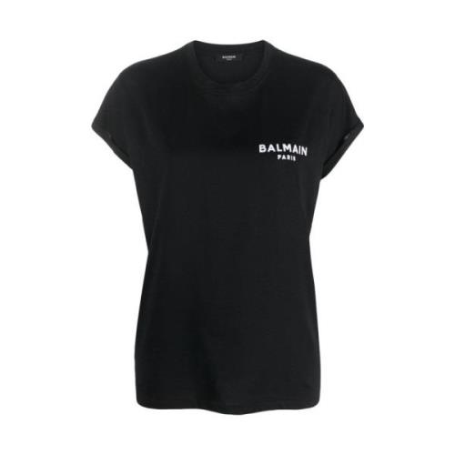 Zwart Katoenen T-shirt met Logo Print Balmain , Black , Dames