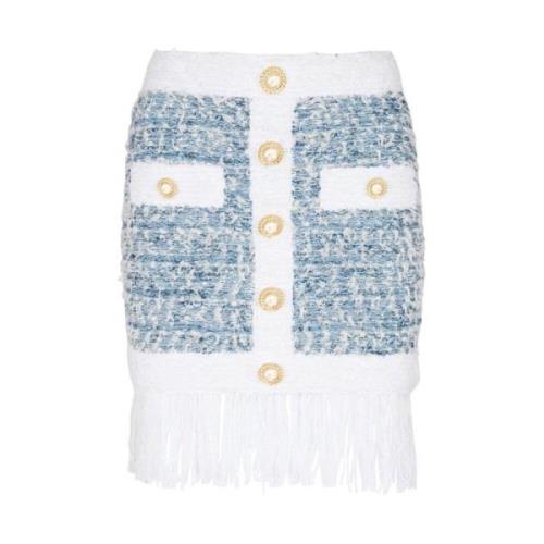 Powder Blue Tweed Rok met Franje Detail Balmain , Blue , Dames