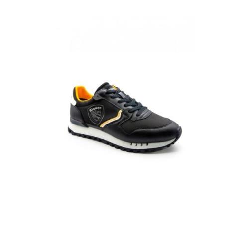 Zwarte en Oranje Leren Sneakers S4Dixon02 Blauer , Black , Heren
