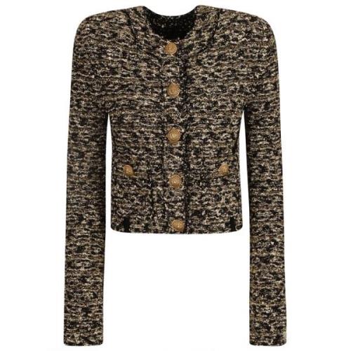 Korte Tweed Jas met Gouden Details Balmain , Black , Dames