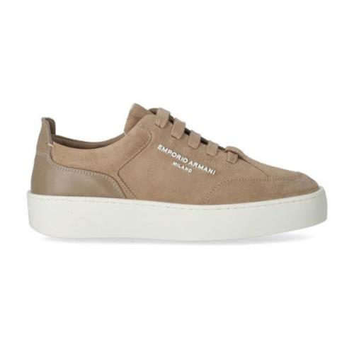 Beige Suède Sneaker met Rubberen Logo Emporio Armani , Beige , Dames