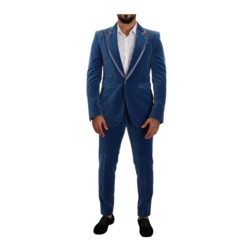 Blauw Velvet Slim Fit 2-delig Pak Dolce & Gabbana , Blue , Heren