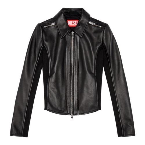 Leather biker jacket with rib panels Diesel , Black , Dames