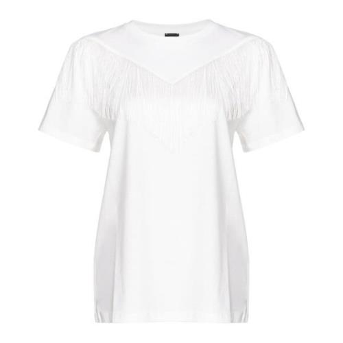 Korte mouwen katoenen jersey T-shirt met franje applicatie Pinko , Whi...