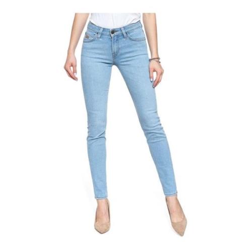 Blauwe Skinny Jeans met Hoge Taille en Opgezet Logo Lee , Blue , Dames