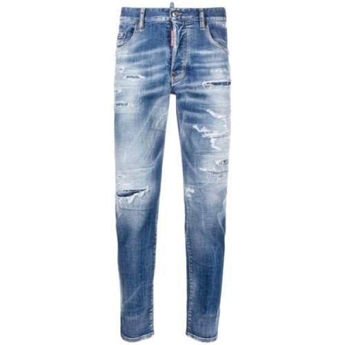 Blauwe Slim-Fit Ripped Jeans met Distressed Effect Dsquared2 , Blue , ...