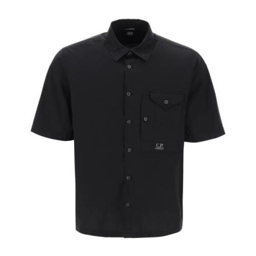 Korte mouwen poplin shirt met logo C.p. Company , Black , Heren