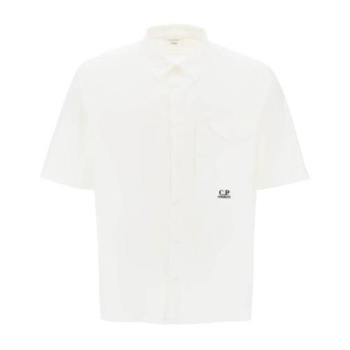 Korte mouwen poplin shirt met logo C.p. Company , White , Heren