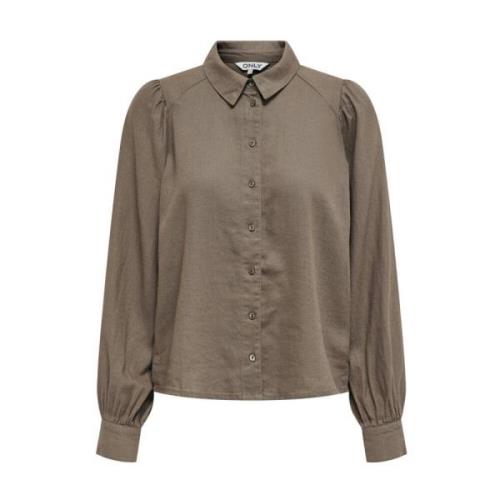 Linnen Pofmouw Blouse Only , Brown , Dames