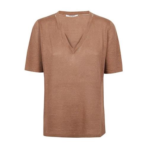 Bruine Linnen V-hals Cut Out T-shirt Kangra , Brown , Dames