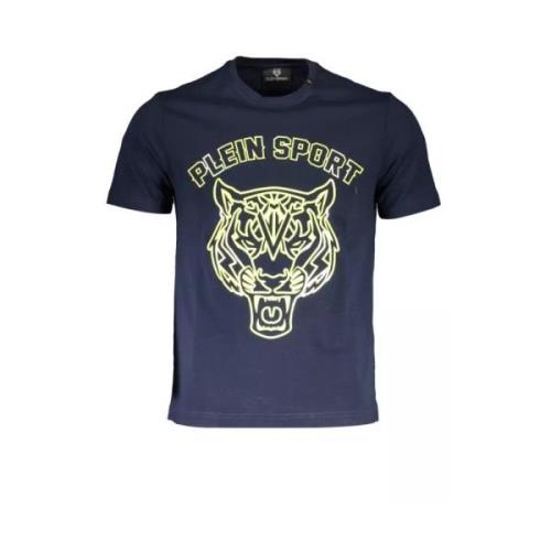 Blauw Katoenen T-Shirt, Korte Mouw, Ronde Hals, Print, Logo Plein Spor...