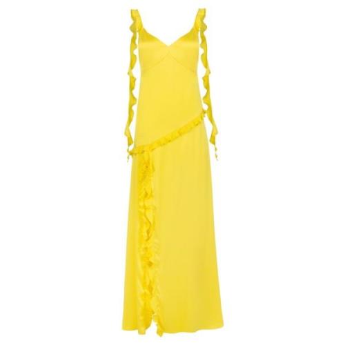 Lange zijden jurk met ruches in Citroengeel Jaaf , Yellow , Dames