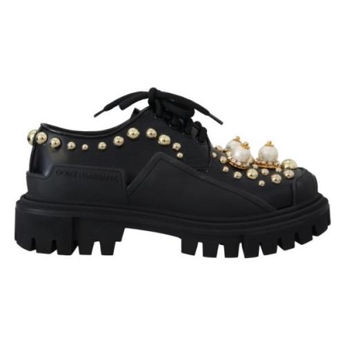 Zwarte leren trekking derby versierde schoenen Dolce & Gabbana , Black...