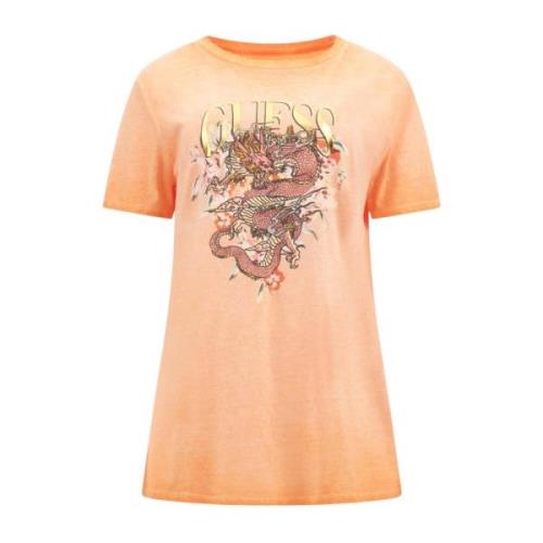 Drakenmotief slim fit T-shirt Guess , Orange , Dames