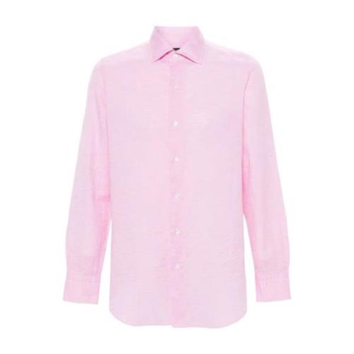 Roze Linnen-Katoenen Overhemd Finamore , Pink , Heren