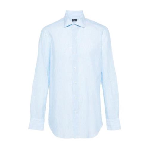Blauw-wit gestreept linnen-katoenen overhemd Finamore , Blue , Heren