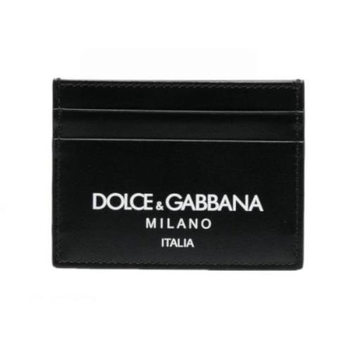 Zwarte Leren Kaarthouder met Logo Print Dolce & Gabbana , Black , Here...